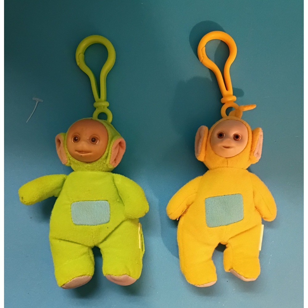 Vintage Teletubbies Plush Backpack Clips Dipsy Laa-Laa Green Yellow Set of 2